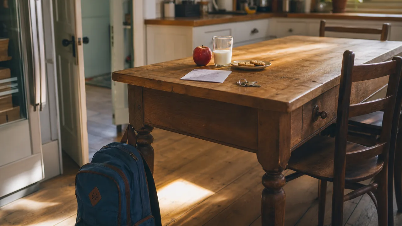 Cartable d'écolier posé au pied d'une table de cuisine, un goûter et un petit mot manuscrit sur la table, trousseau de clés à côté, lumière de fin d'après-midi