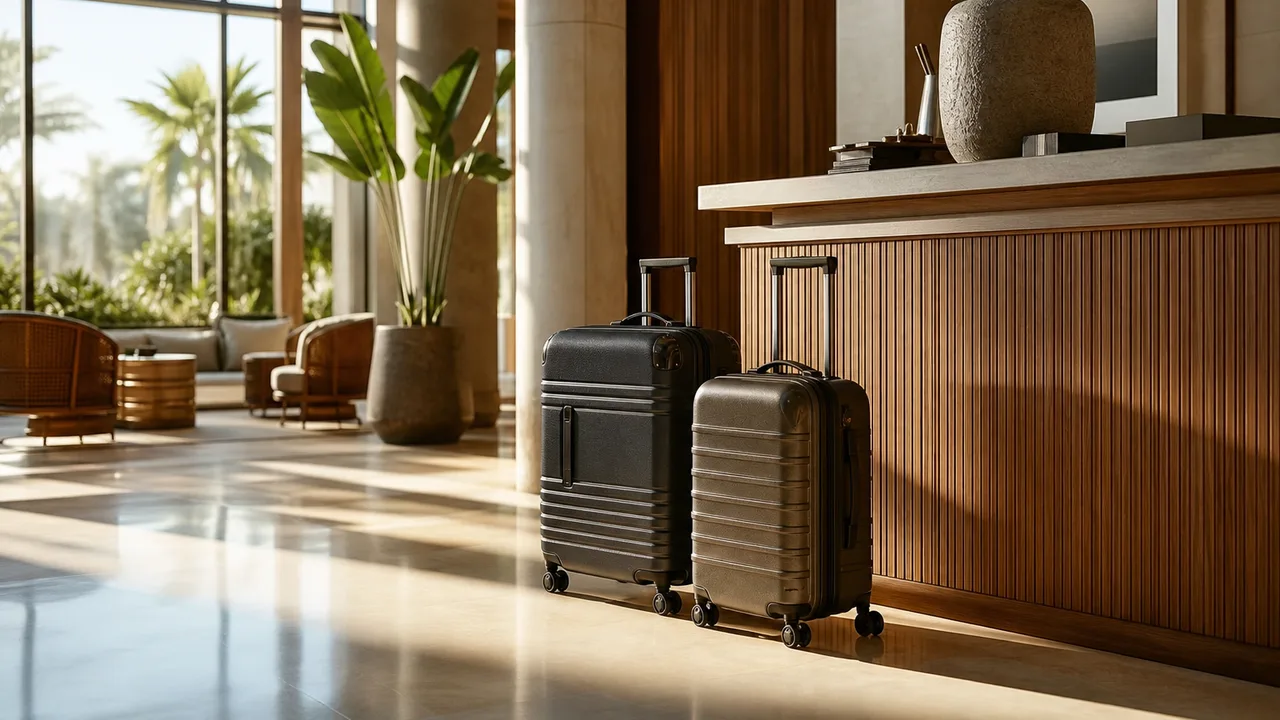 Hall d'hôtel lumineux tôt le matin avec des valises de voyage près du comptoir de réception