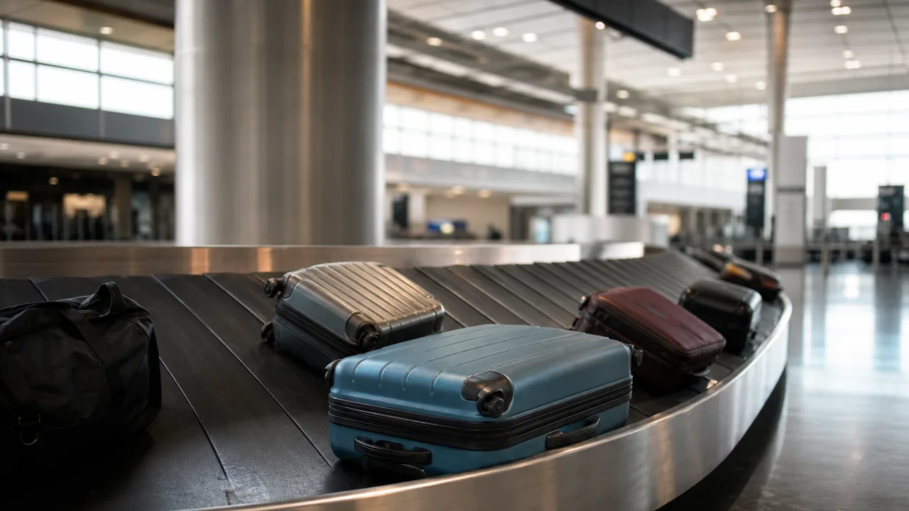 Valises sur un tapis à bagages dans un hall d'aéroport moderne baigné de lumière naturelle