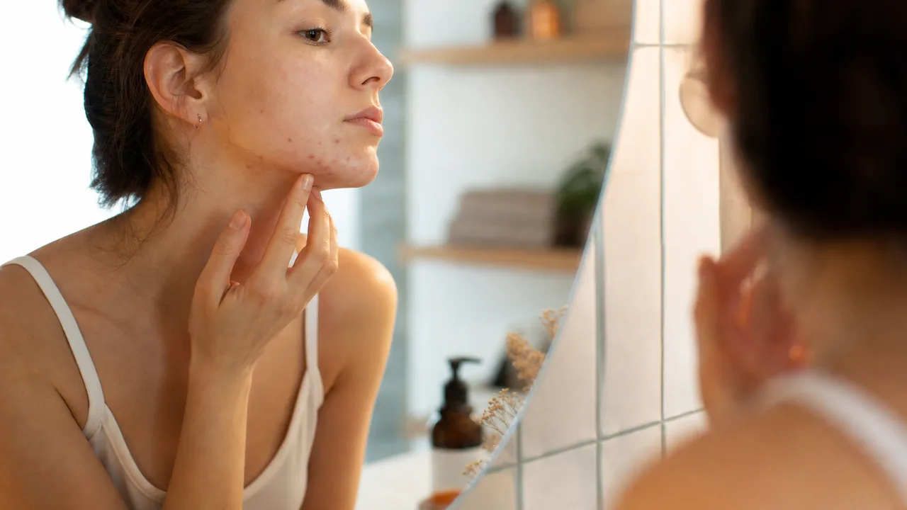 Jeune femme se regardant dans un miroir, main sous le menton, lumière naturelle douce