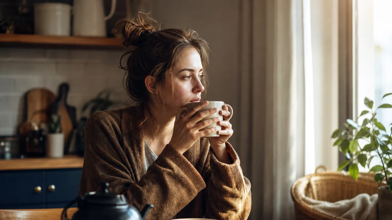 Jeune femme fatiguée assise à sa table de cuisine le matin, tenant une tasse de thé, lumière naturelle douce