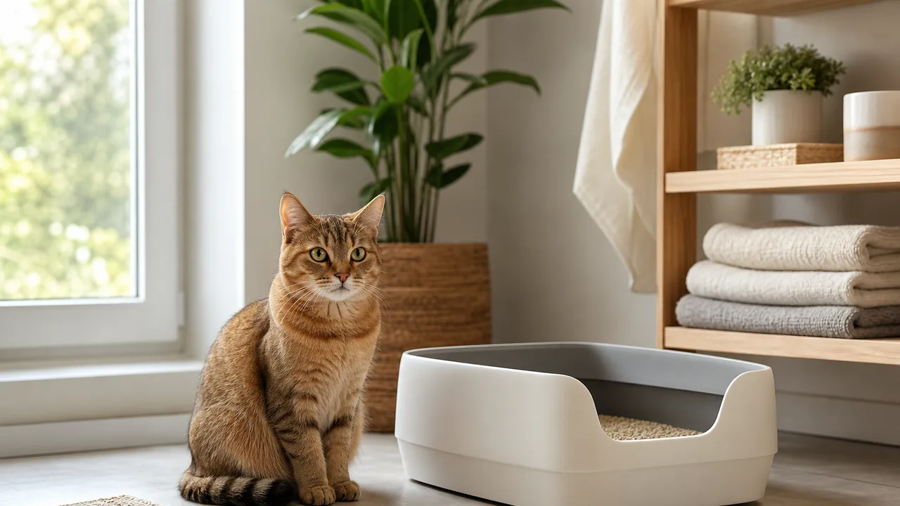 Chat assis près d'un bac à litière propre dans un intérieur lumineux