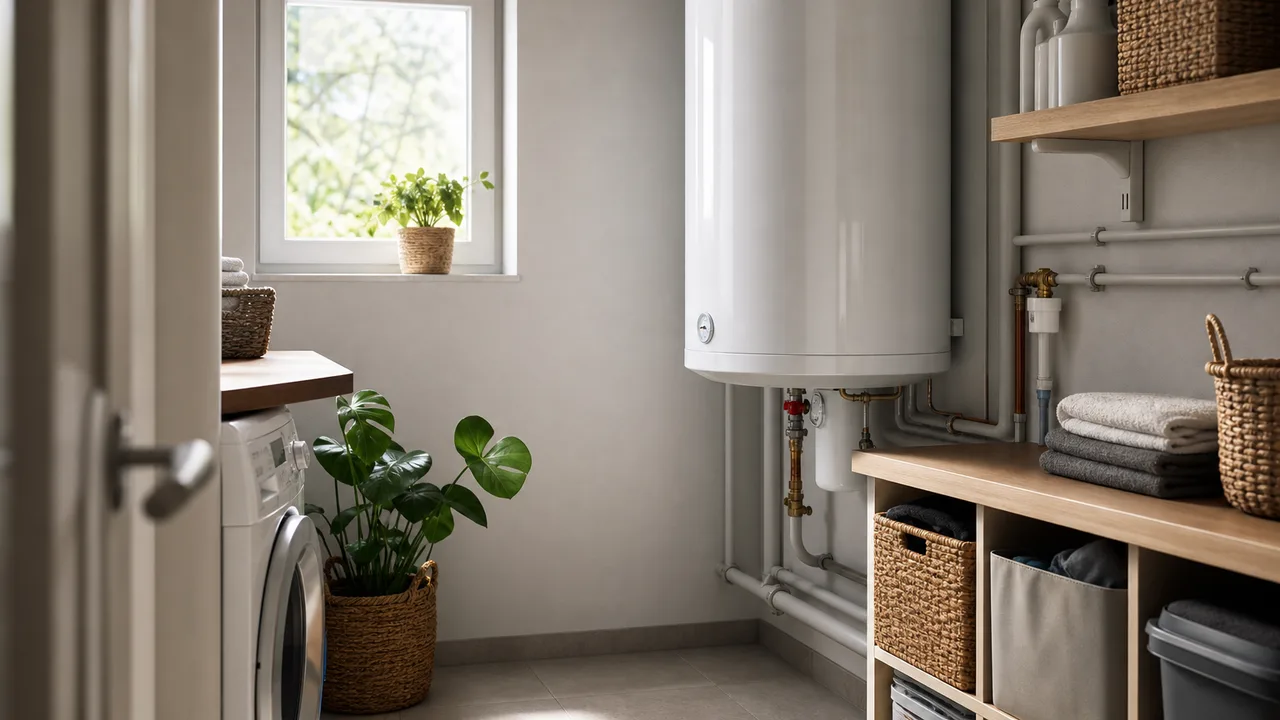 Chauffe-eau électrique installé dans un cellier de maison, éclairage naturel doux