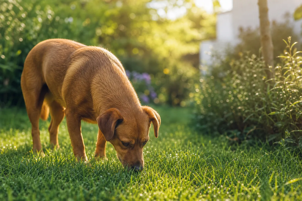 Chien reniflant et broutant de l'herbe dans un jardin par une matinée ensoleillée