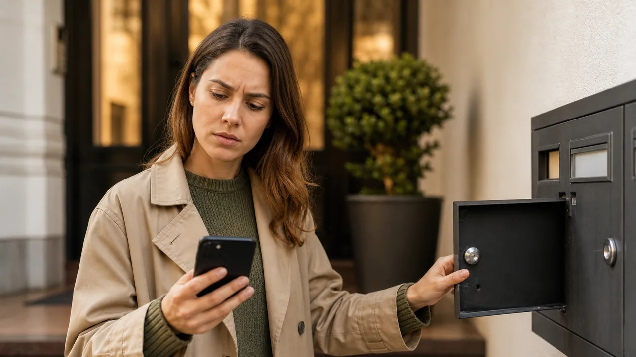 Personne consultant sur son smartphone le suivi d'un colis marqué comme livré devant une boîte aux lettres vide, entrée d'immeuble en lumière naturelle