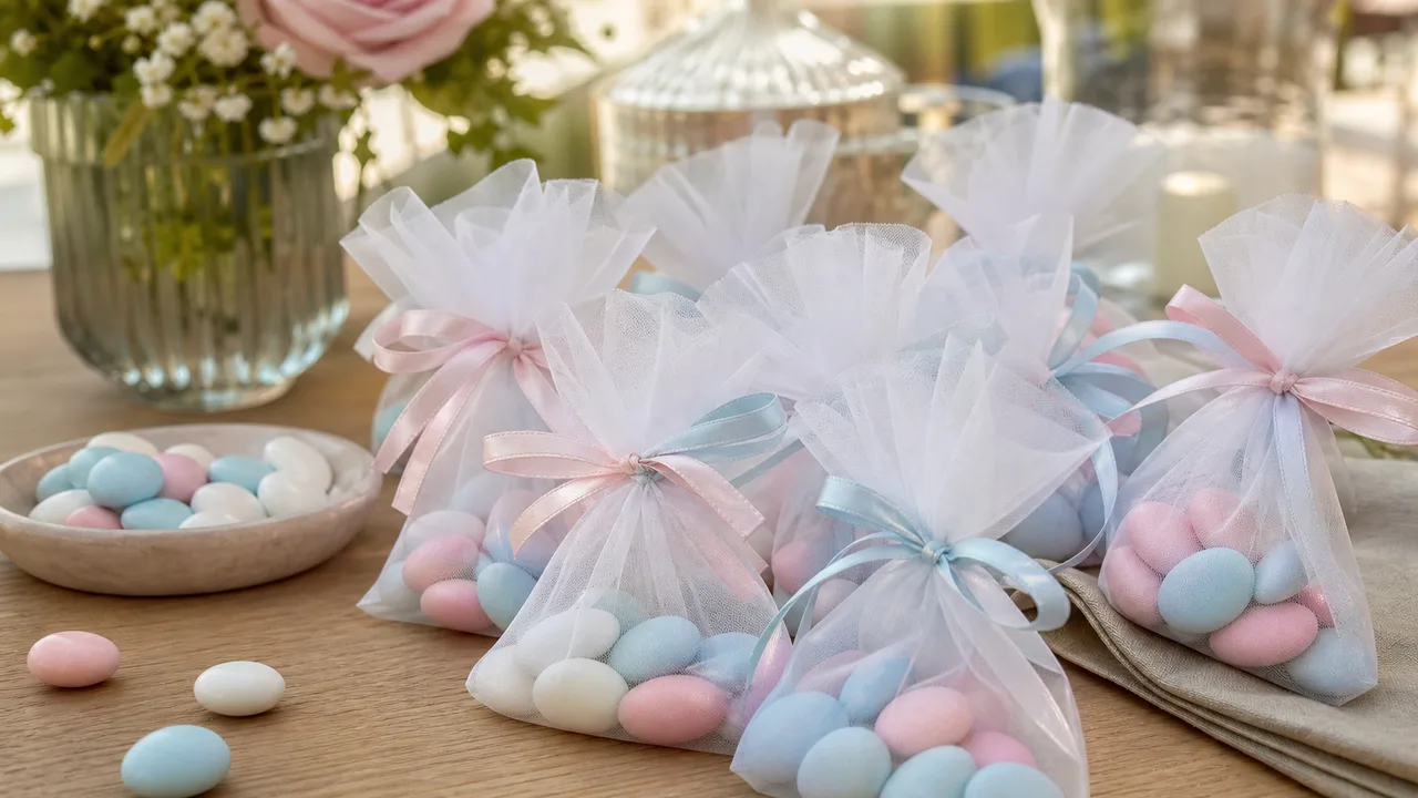 Petits sachets de tulle blancs remplis de dragées colorées disposés sur une table de baptême, lumière naturelle douce