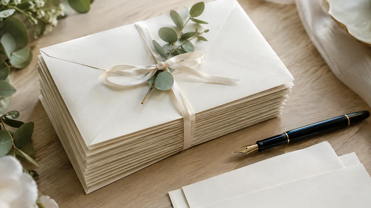 Pile d'enveloppes de faire-part de mariage en papier ivoire avec ruban et brin d'eucalyptus, posée sur une table en bois à côté d'un stylo plume, lumière naturelle douce