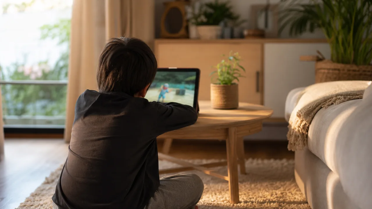Enfant assis par terre dans un salon lumineux, en train de regarder une tablette posée sur une petite table basse