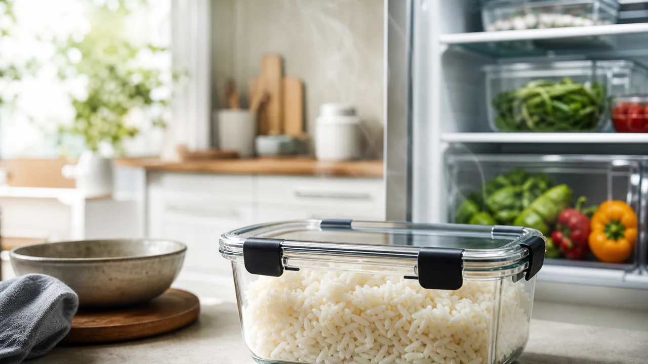 Plat de riz blanc cuit dans un contenant en verre hermétique près d'un réfrigérateur ouvert