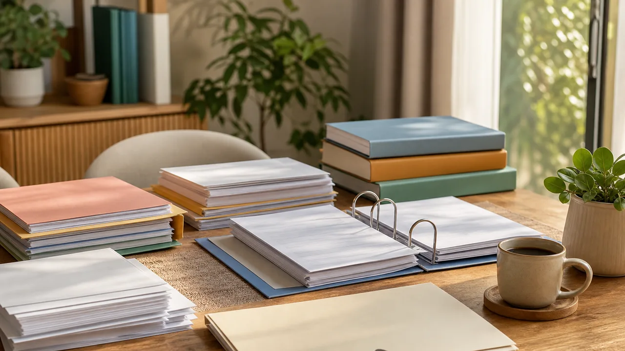 Papiers administratifs et financiers triés en piles ordonnées sur une table en bois, avec chemises cartonnées et classeur, lumière naturelle