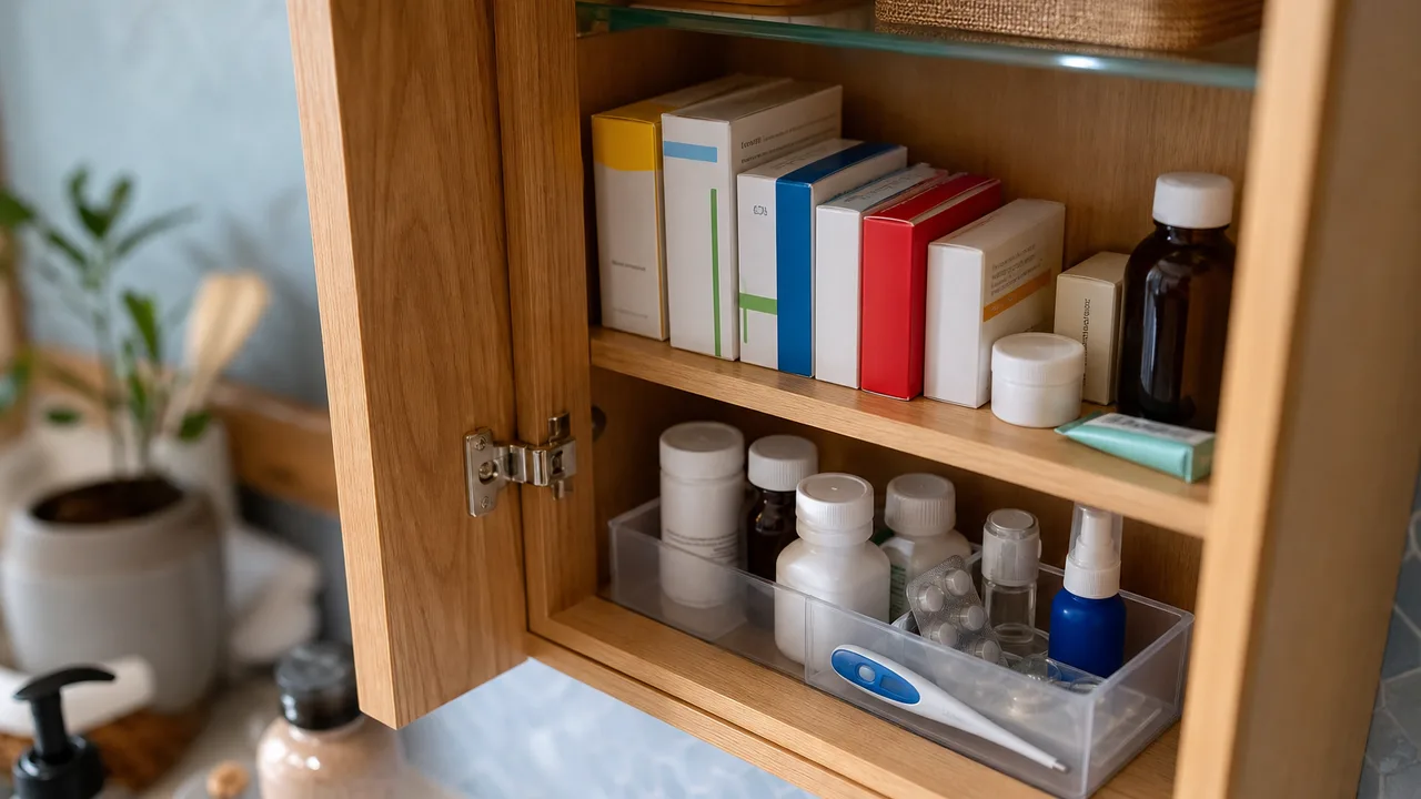 Armoire à pharmacie familiale ouverte avec boîtes de médicaments, flacons et sirop bien rangés, lumière naturelle douce