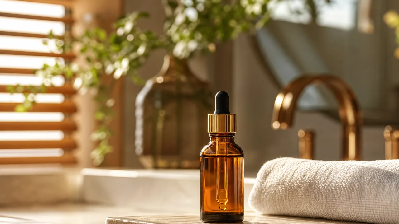 Flacon de sérum à la vitamine C posé sur une tablette de salle de bain, lumière naturelle douce