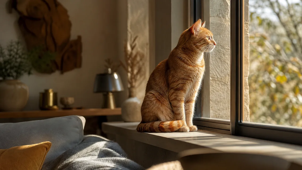 Chat roux assis sur le rebord d'une fenêtre lumineuse, observant un salon calme et bien rangé
