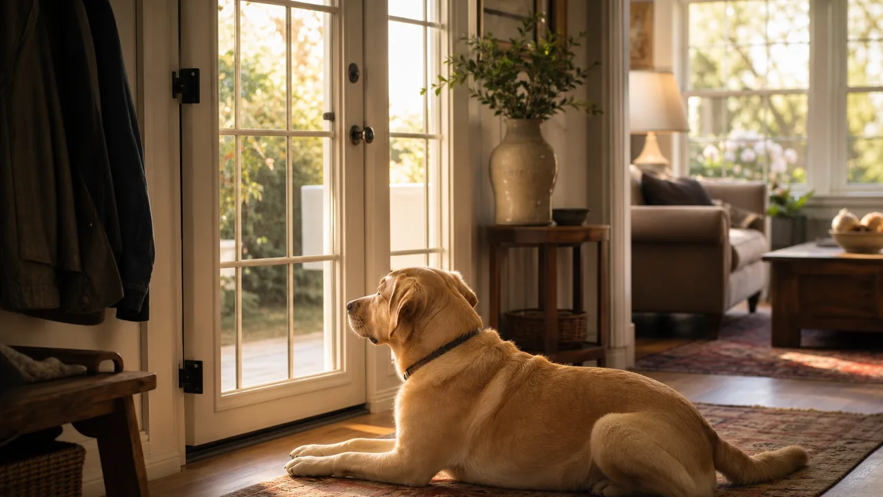Chien couché calmement près de la porte d'entrée dans un salon lumineux, en attente du retour de son propriétaire