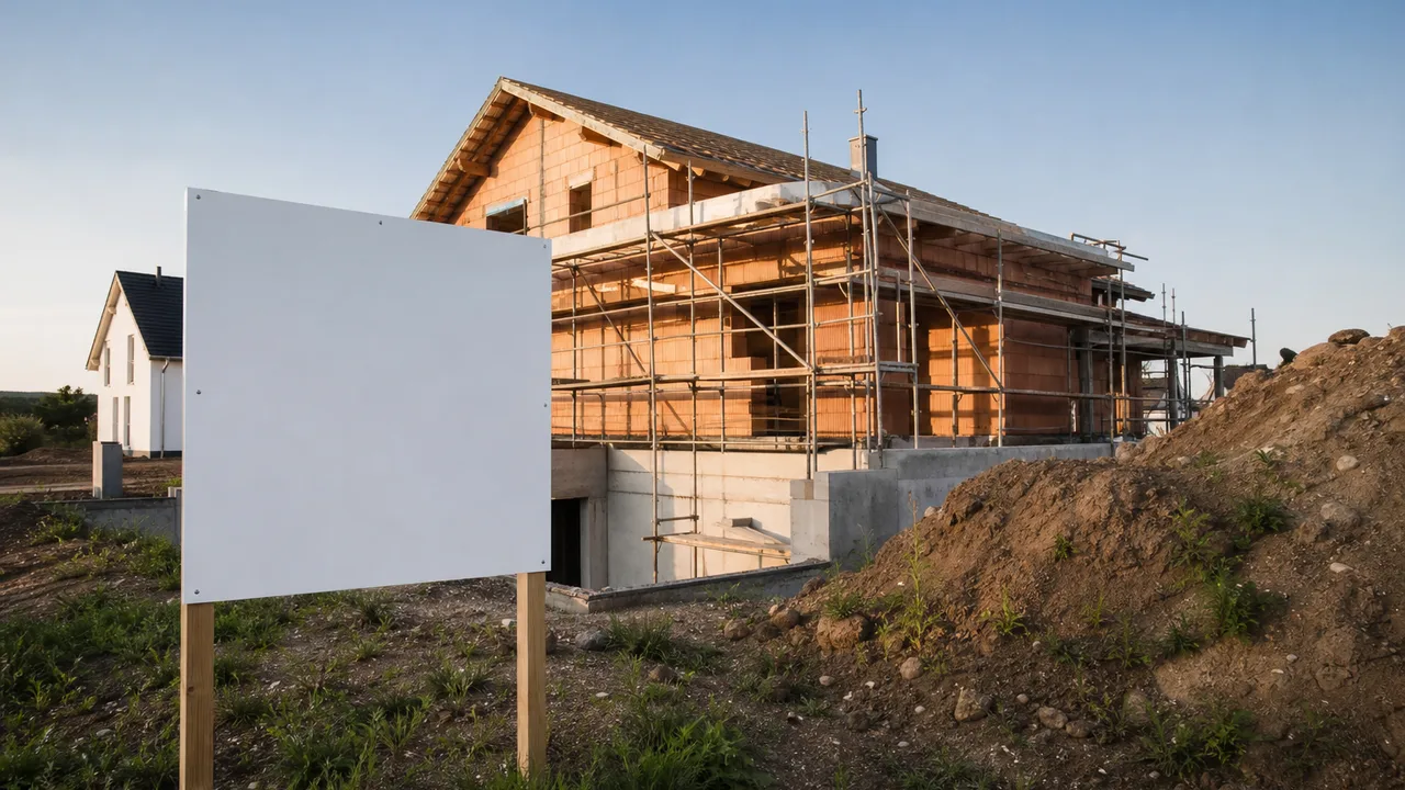 Panneau d'autorisation d'urbanisme planté devant un chantier de construction, maison en cours d'édification à l'arrière-plan sous une lumière matinale