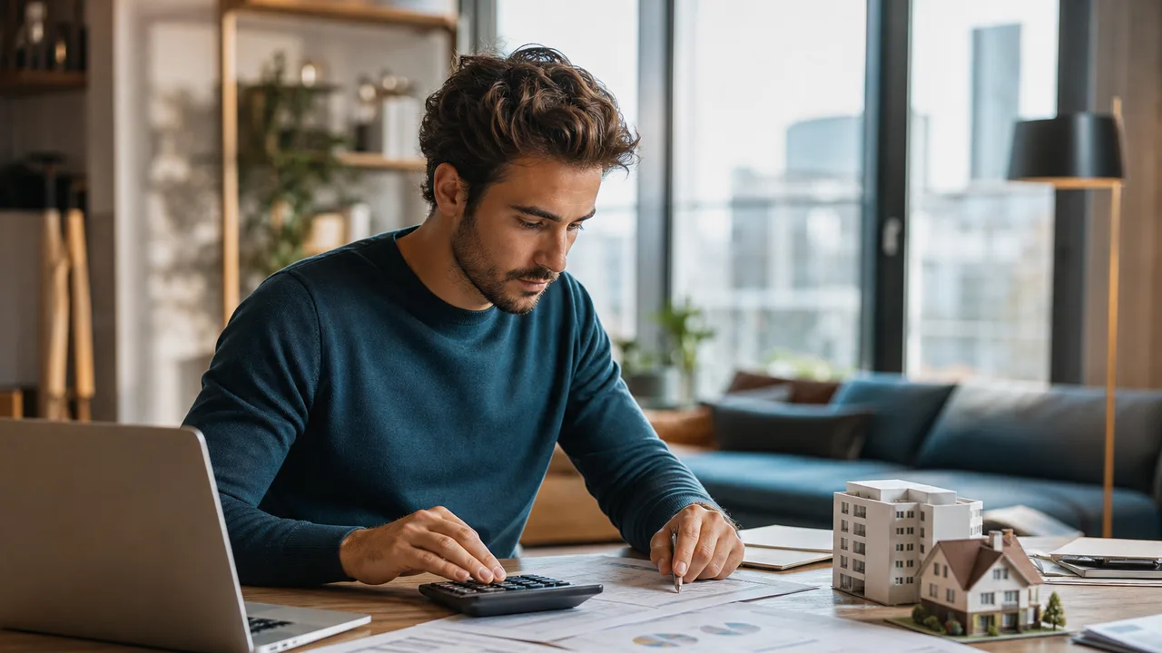 Personne assise à une table en train de calculer un budget immobilier avec une calculatrice et des documents, appartement en arrière-plan