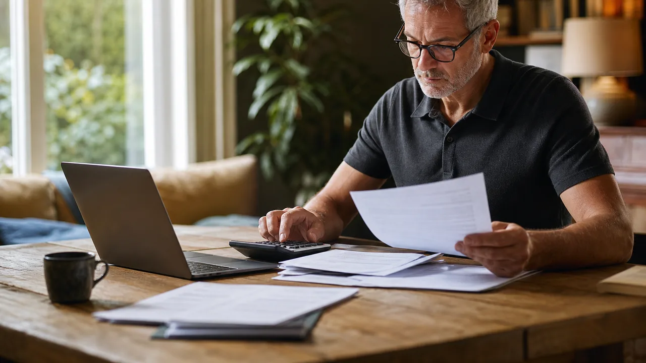 Personne consultant son relevé de carrière et des documents de retraite à une table de cuisine, avec calculatrice et ordinateur portable