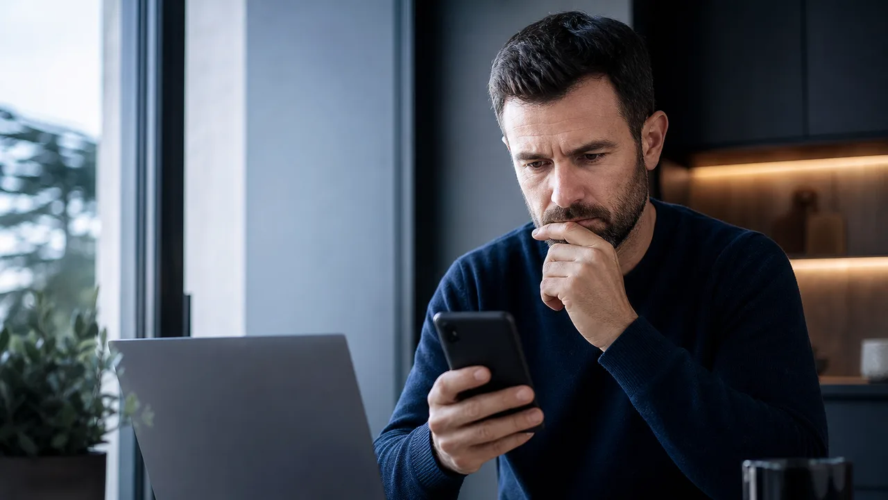 Personne vérifiant son wallet crypto sur ordinateur et smartphone, avec une clé de sécurité matérielle posée sur le bureau