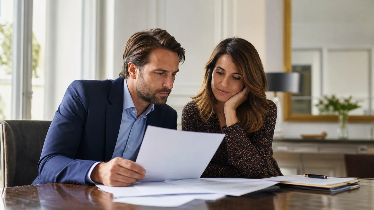 Couple assis à une table, documents et stylo devant eux, en pleine relecture d'un contrat immobilier
