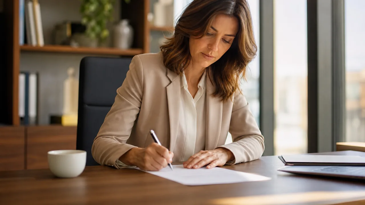Personne signant une lettre de démission sur un bureau, tasse de café à côté, lumière naturelle de bureau