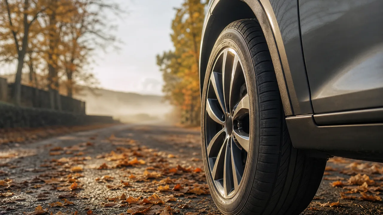 Pneu de voiture sur route de campagne un matin frais d'automne, lumière naturelle douce