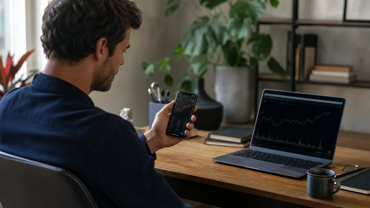 Personne consultant un portefeuille de cryptomonnaies sur smartphone à côté d'un ordinateur portable, ambiance bureau à domicile