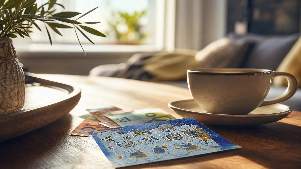 Ticket de loterie et billets de banque posés sur une table en bois, lumière naturelle douce, ambiance calme et domestique