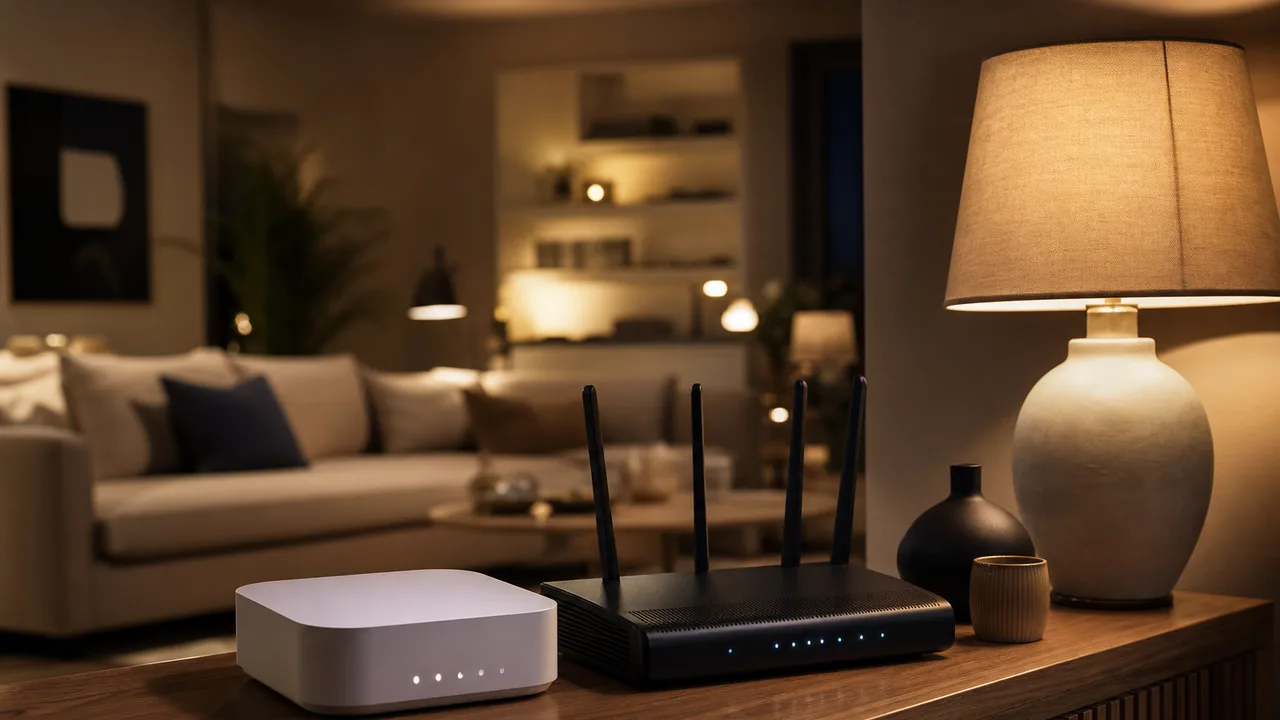 Box internet et routeur wifi posés sur un meuble de salon, éteints, dans une pièce plongée dans la pénombre du soir