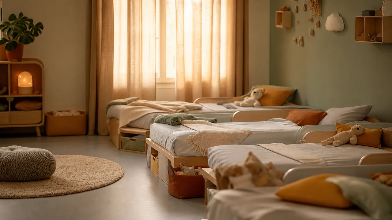 Salle de sieste de crèche avec petits lits et lumière tamisée en début d'après-midi