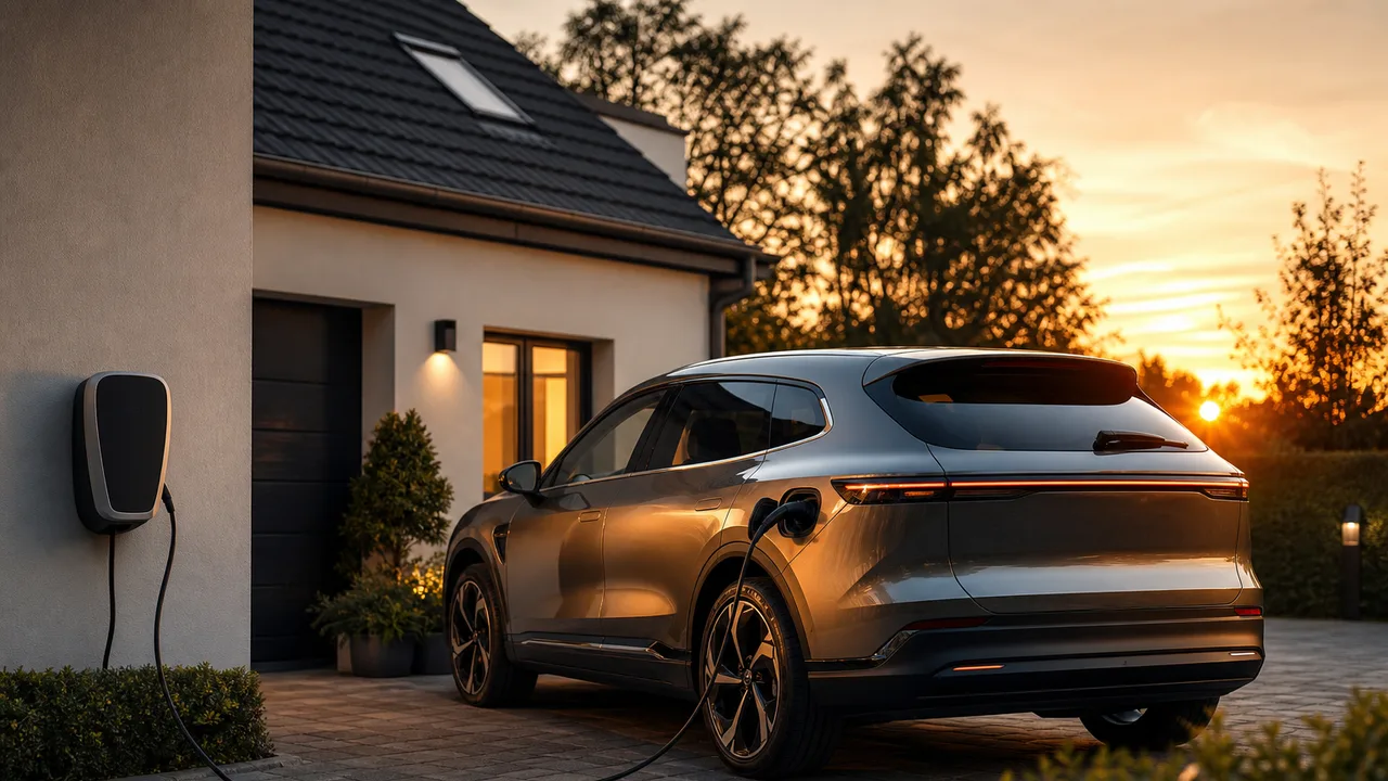 Voiture électrique branchée sur une borne de recharge devant un pavillon, le soir, lumière chaude