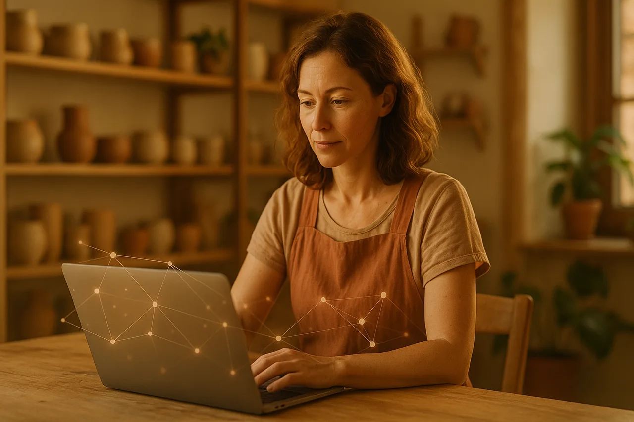 Artisane d'une petite entreprise travaillant sur son ordinateur portable dans son atelier