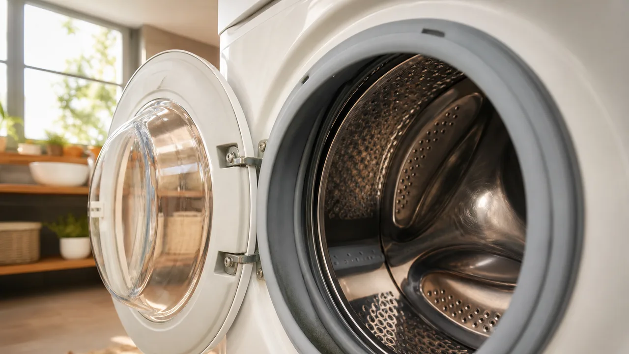 Intérieur d'un lave-linge ouvert, tambour et joint en gros plan, lumière naturelle