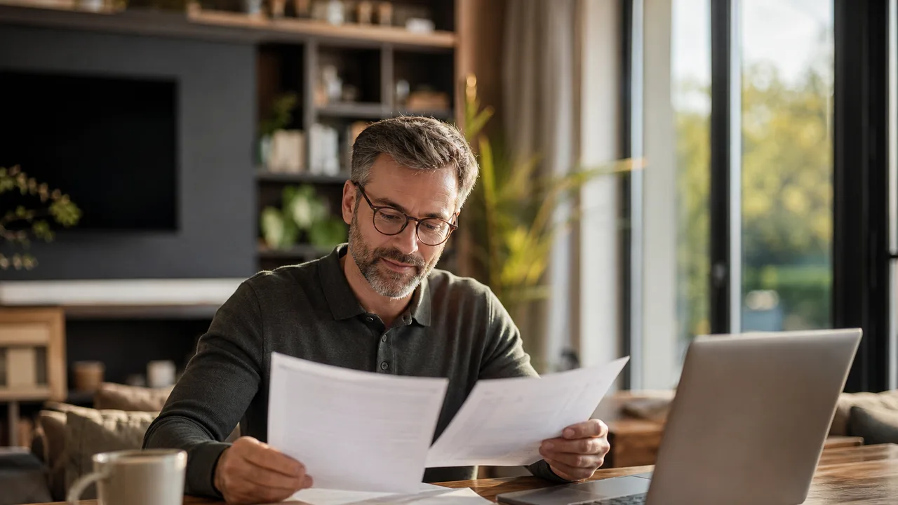 Personne consultant calmement des documents financiers à sa table de cuisine, tasse de café à côté