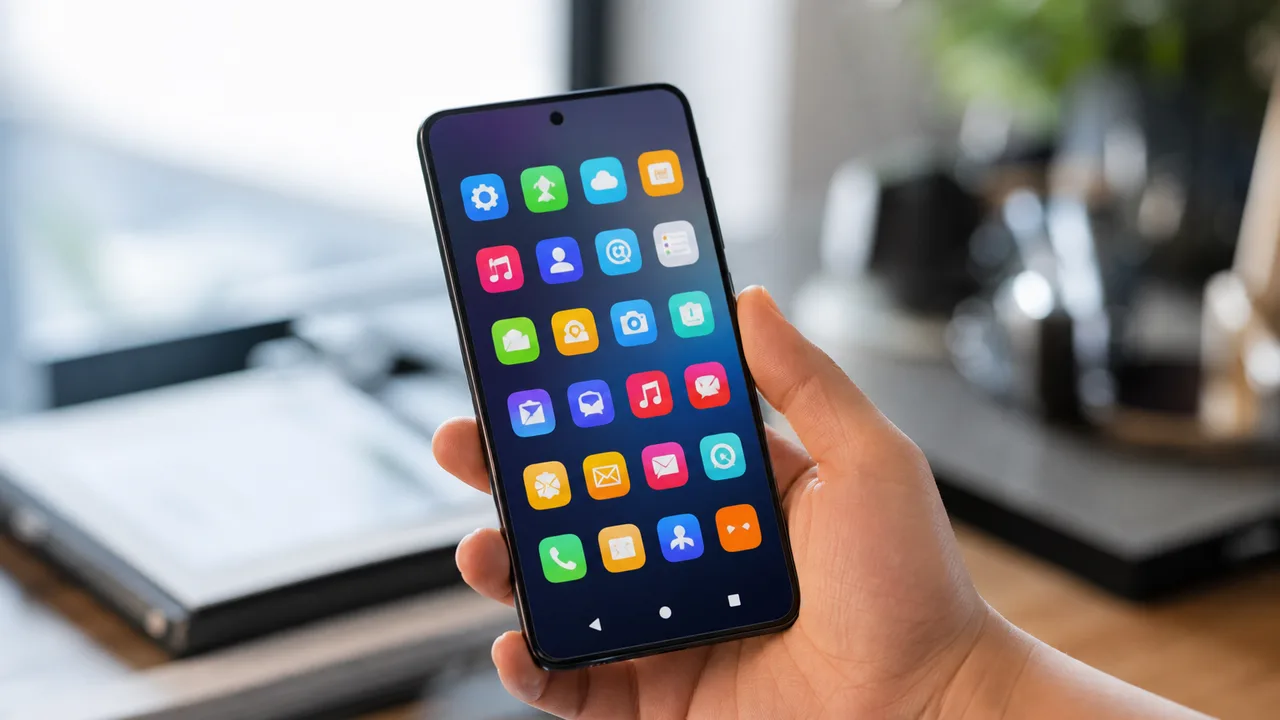 Main faisant défiler l'écran d'accueil d'un smartphone Android couvert d'icônes d'applications, lumière naturelle