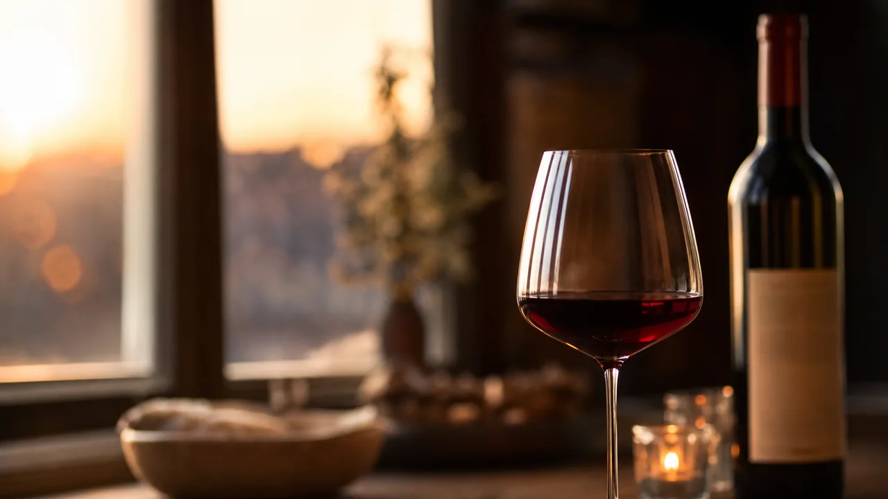 Verre de vin rouge posé sur une table en bois près d'une fenêtre, lumière du soir douce, ambiance intime