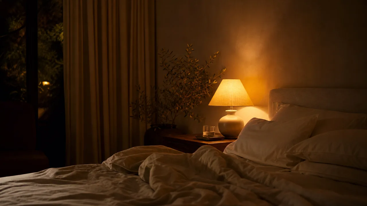 Chambre à coucher sobre et lumineuse la nuit, lampe de chevet allumée, drap froissé en bas du lit