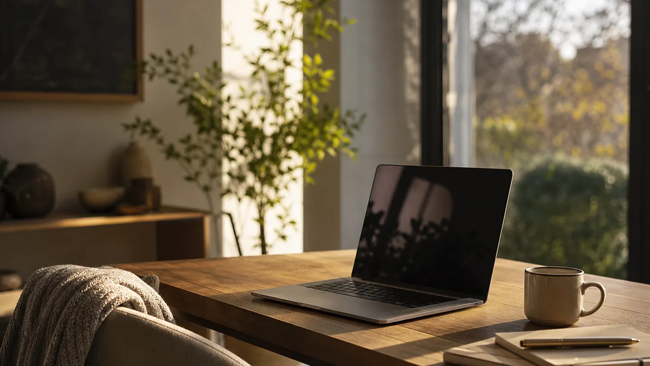 Espace de télétravail à la maison avec ordinateur portable sur une table, chaise et lumière naturelle d'après-midi