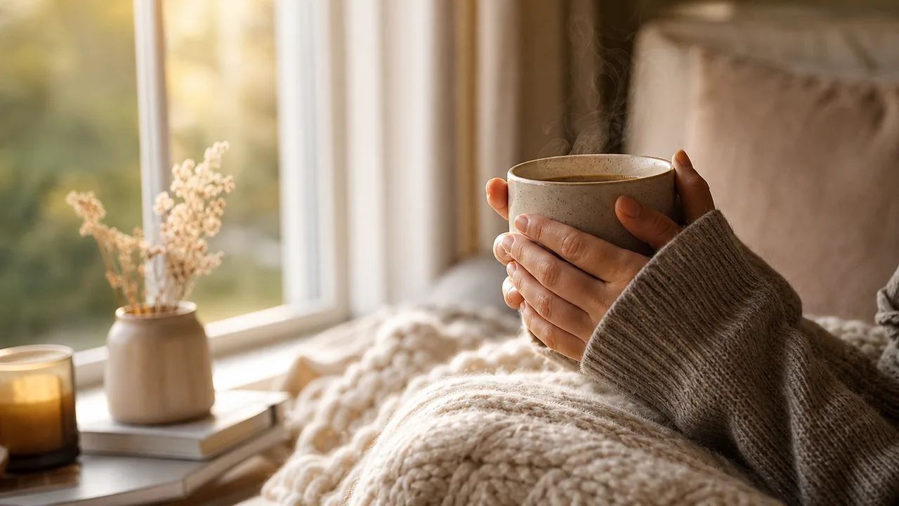 Mains tenant une tasse de thé chaude près d'une fenêtre, lumière douce, ambiance cosy