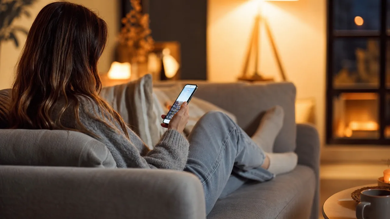 Personne vue de dos, assise confortablement sur un canapé et consultant l'écran de son smartphone, dans un salon chaleureux baigné de lumière douce en soirée
