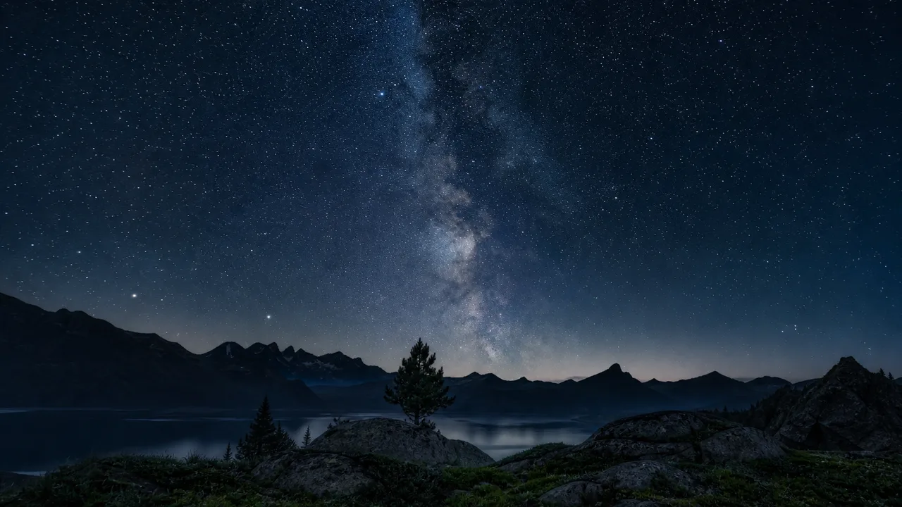 Ciel étoilé profond au-dessus d'une colline la nuit, fond noir constellé d'étoiles