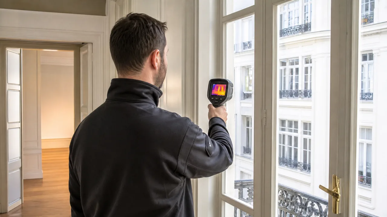 Technicien réalisant un diagnostic de performance énergétique dans un appartement, appareil de mesure à la main devant une fenêtre