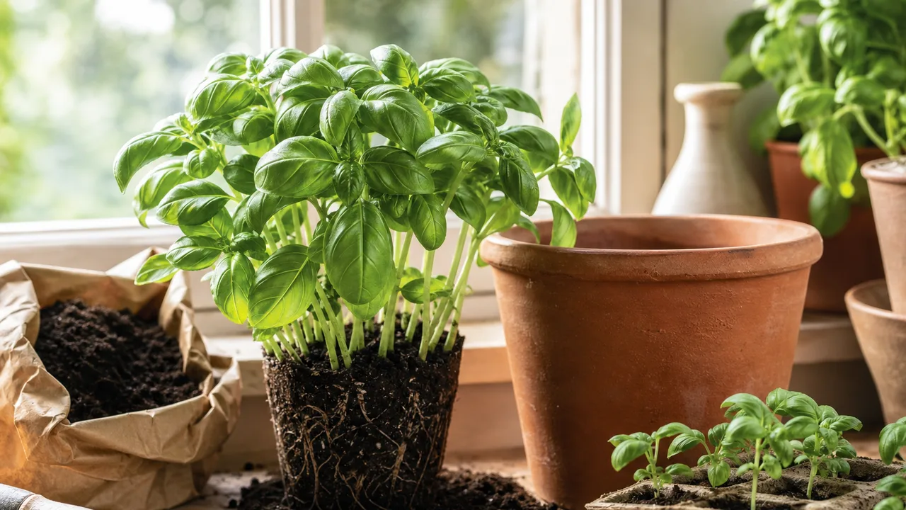 Pot de basilic frais en cours de rempotage sur un rebord de fenêtre lumineux