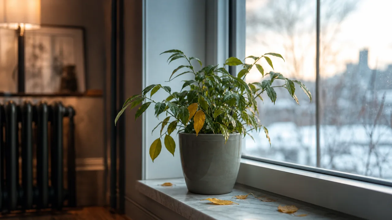 Plante verte en pot près d'une fenêtre d'appartement en hiver, lumière douce de fin d'après-midi, radiateur visible en arrière-plan
