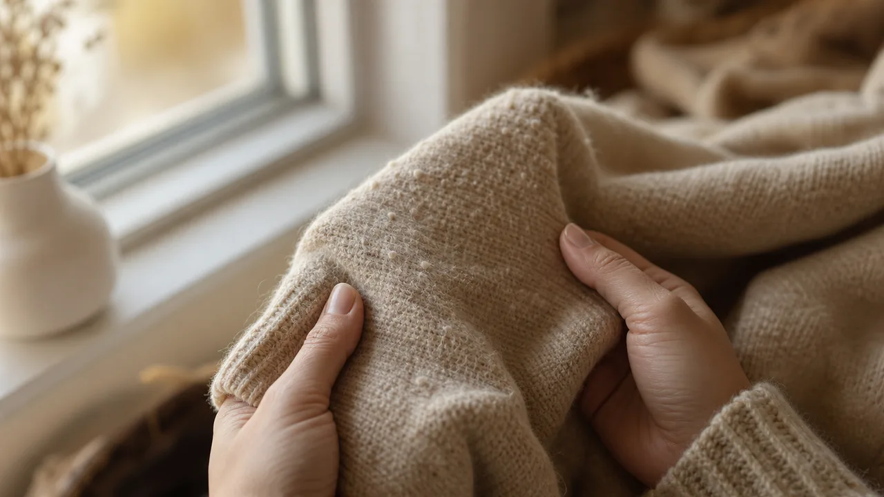 Gros plan sur un pull en laine avec de petites boules de fibres (bouloches) sur la manche, tenu près d'une fenêtre lumineuse