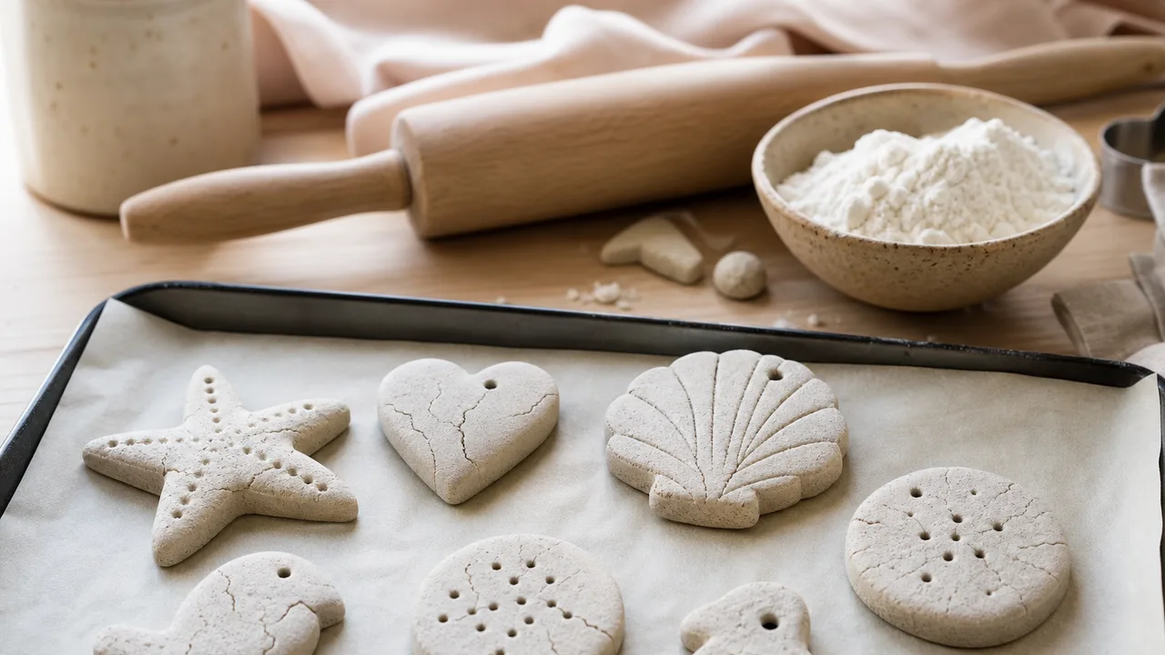 Figurines en pâte à sel crue sur une plaque de four, avec un bol de farine et un rouleau à pâtisserie sur une table en bois
