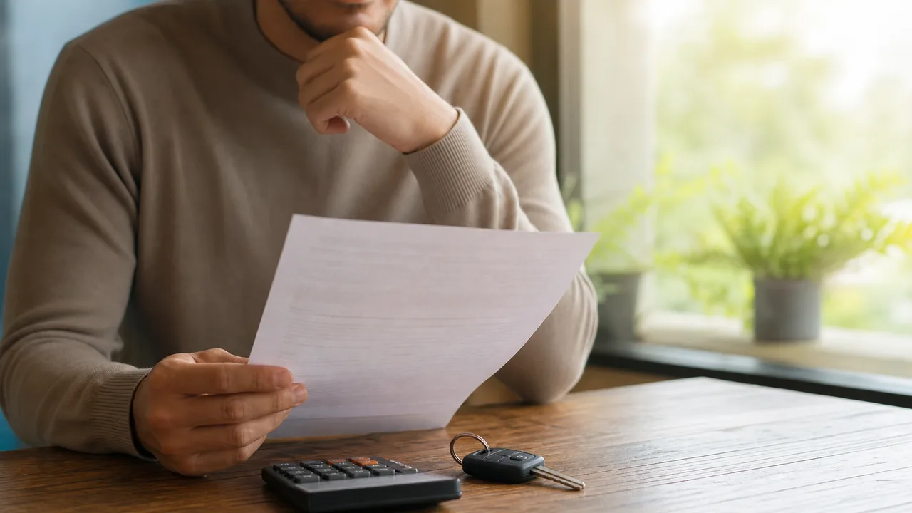 Personne consultant un avis d'échéance d'assurance auto sur une table, calculatrice et clés de voiture à côté, lumière naturelle