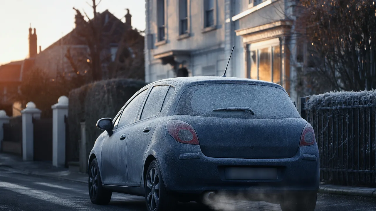 Voiture couverte de givre garée dans une rue résidentielle par une matinée d'hiver, lumière froide du petit matin