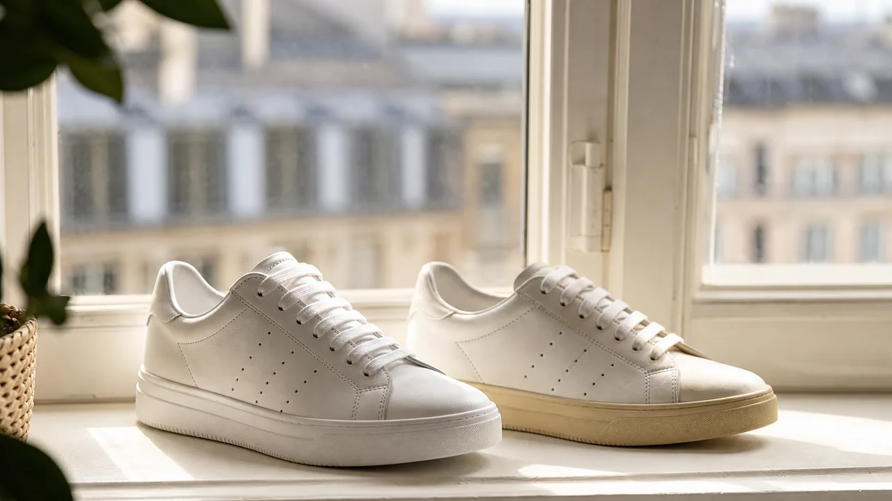Paire de baskets blanches sur un rebord de fenêtre lumineux, une semelle blanche et une semelle légèrement jaunie