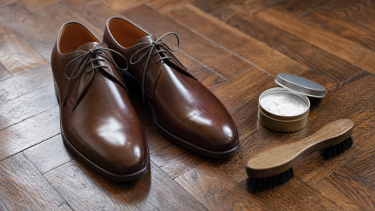 Paire de chaussures de ville en cuir marron posées sur un parquet ancien, à côté d'un petit pot de talc et d'une brosse à chaussures, lumière naturelle