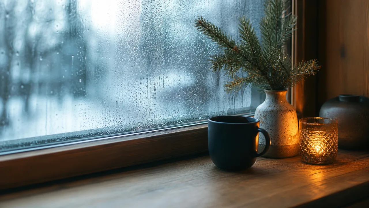 Fenêtre embuée côté intérieur un matin d'hiver, gouttes de condensation sur la vitre, lumière froide du dehors